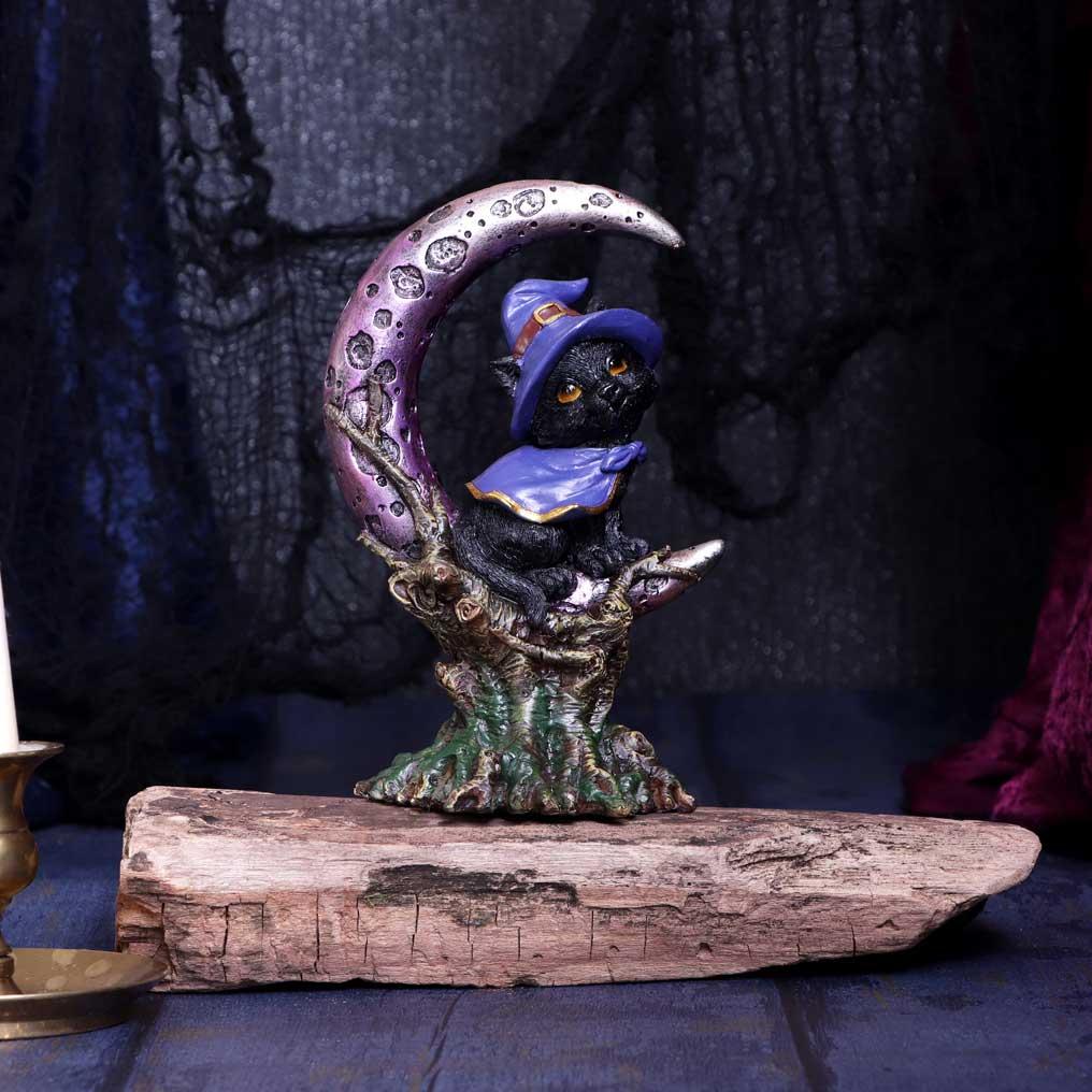 Grimalkin Witches Familiar Black Cat and Crescent Moon Incense Burner 29cm