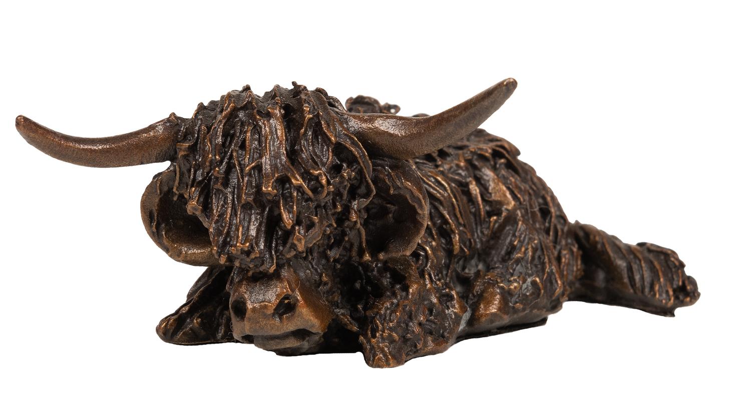 Highland Cow Resting Solid Bronze Small Sculpture (Frith Creative