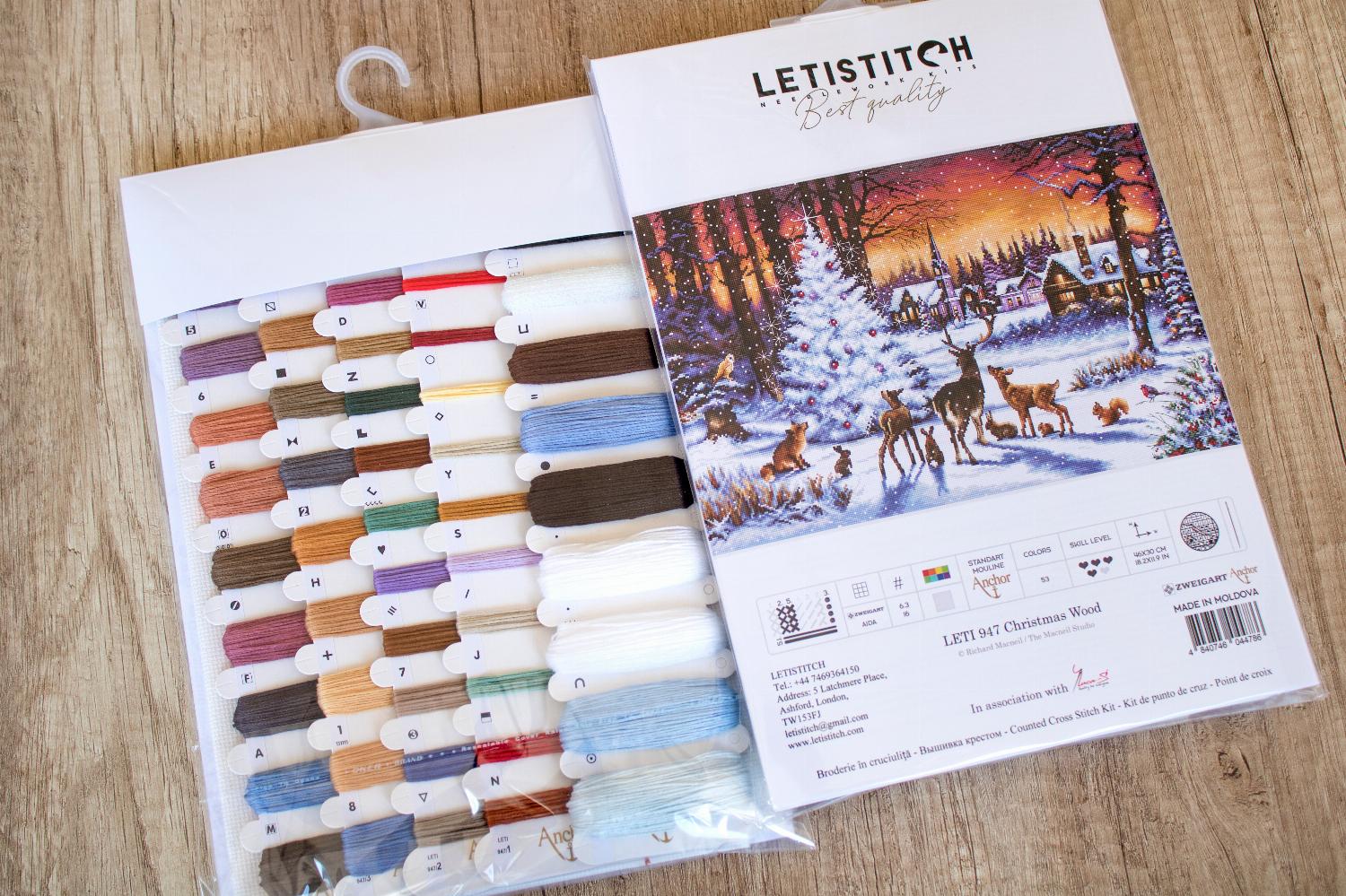 LetiStitch Kreuzstich-Set „Weihnachtsholz“ – Fertig Größe 46x30 Cm, Inkl. Stoff, Garn, Nadel & Anleitung