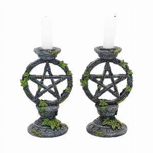 Photo #1 of product B2539G6 - Set of 2 Wiccan Pentagram Candlesticks Witch Candle Holders