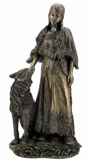 Photo of Native American Woman with Wolf Bronze Figurine 30cm