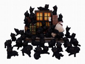 Photo #1 of product U5285S0 - The Witches Litter Display of 36 Black Cat Familiars with a Decorated Stand