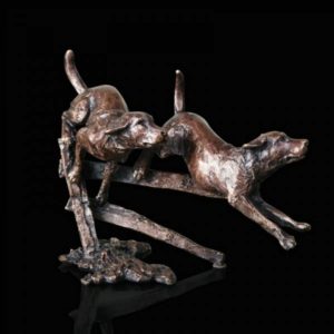 Photo of Two Labradors Running Bronze Miniature (Butler and Peach)