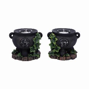 Photo #1 of product D5458T1 - Set of Two Ivy Cauldron Witches Candle Holders 11cm