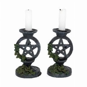 Photo #1 of product NEM5177 - Pair of Aged Ivy Pentagram Candlesticks Gothic Candle Holders