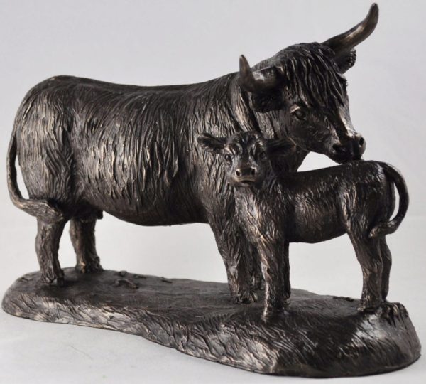 Photo of Highland Cow and Calf Bronze Sculpture (Harriet Glen) 24cm