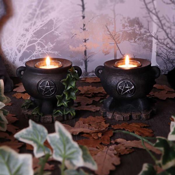 Photo #5 of product D5458T1 - Set of Two Ivy Cauldron Witches Candle Holders 11cm