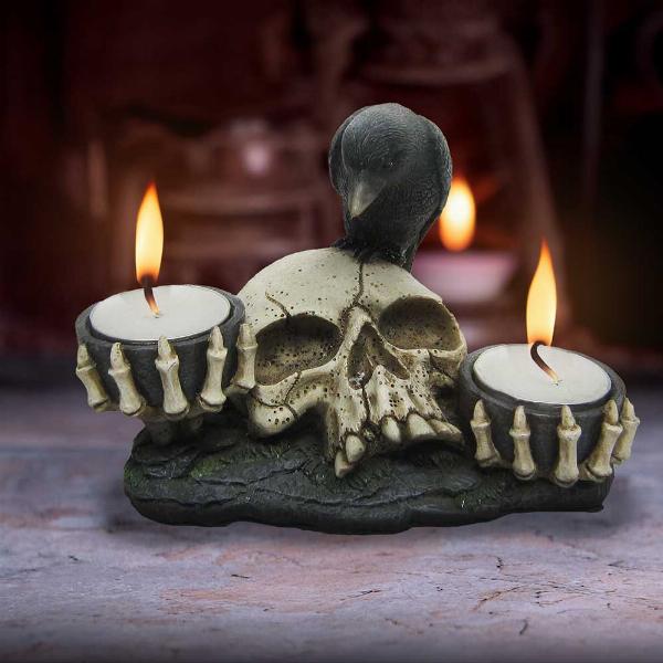 Photo #5 of product D6762A24 - Nevermore Raven and Skull Candle Holder 15cm