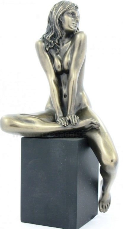 Photo of Nude Girl Sitting on Plinth Leg Up Bronze Figurine