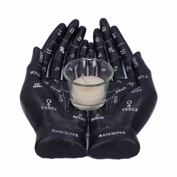 Photo #1 of product U5532T1 - Palmist's Guide Black Chiromancy Hands Candle Holder