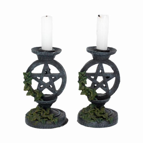 Photo #5 of product NEM5177 - Pair of Aged Ivy Pentagram Candlesticks Gothic Candle Holders