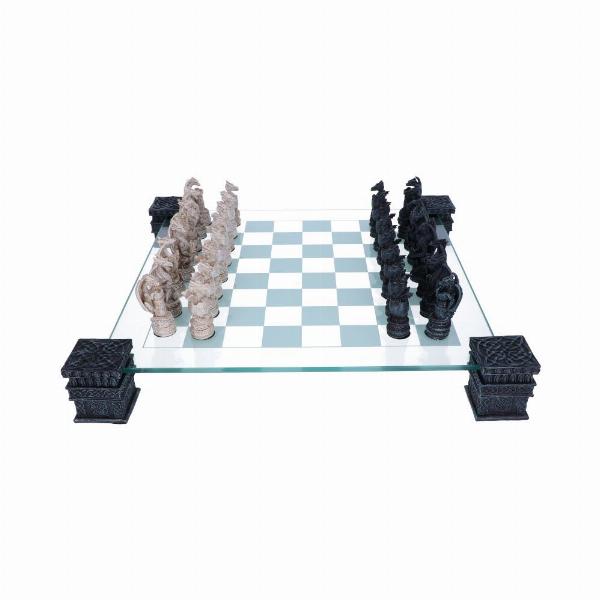 Photo #3 of product NEM5427 - Raised Fantasy Dragon Chess Set With Corner Towers 43cm
