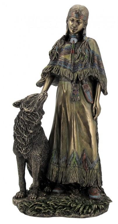 Photo of Native American Woman with Wolf Bronze Figurine 30cm