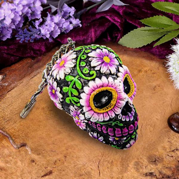 Photo #3 of product U2106F6 - Pack of 6 Sugar Petal Day of the Dead Skull Keyrings 6cm