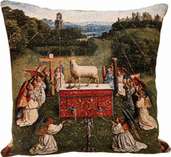 Phot of The Adoration Of The Mystic Lamb By Jan Van Eyck Tapestry Cushion