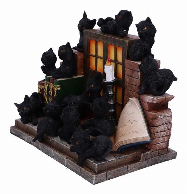 Photo #2 of product U5285S0 - The Witches Litter Display of 36 Black Cat Familiars with a Decorated Stand
