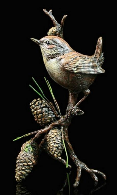 Photo of Wren with Pinecones Bronze Figurine with Wooden Presentation Box (Limited Edition) Keith Sherwin