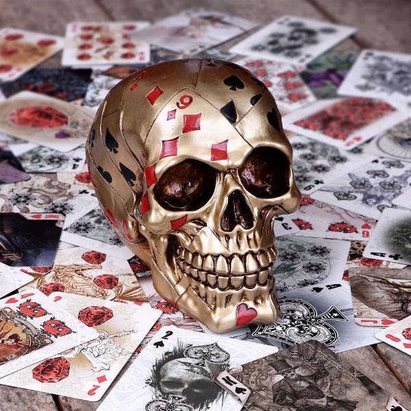 Photo #5 of product U5280S0 - Dead Mans Hand Golden Playing Card Skull Ornament