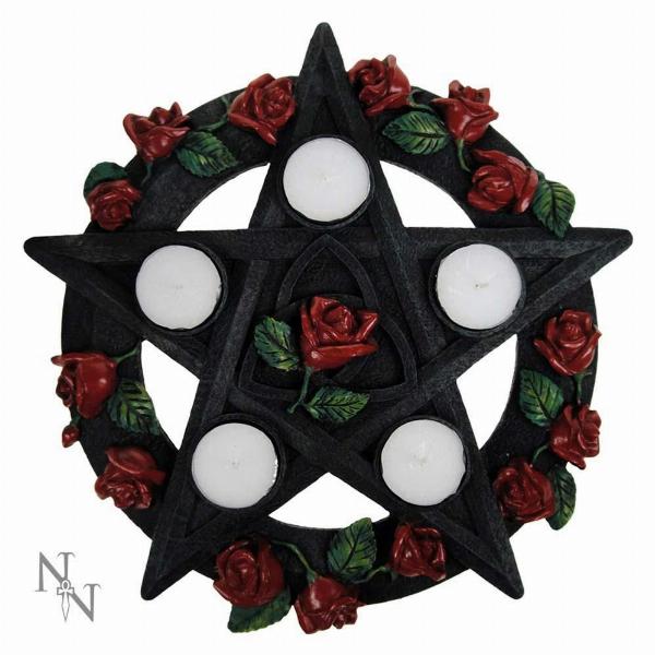 Photo #1 of product NEM5185 - Gothic Black Pentagram Rose Tealight Holder Candle Holder