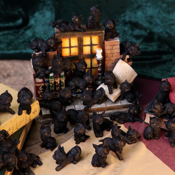 Photo #5 of product U5285S0 - The Witches Litter Display of 36 Black Cat Familiars with a Decorated Stand