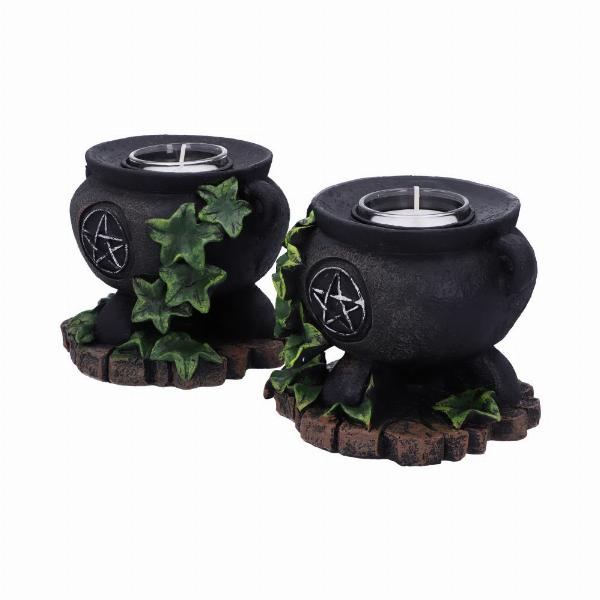 Photo #2 of product D5458T1 - Set of Two Ivy Cauldron Witches Candle Holders 11cm