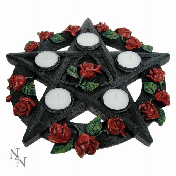 Photo #2 of product NEM5185 - Gothic Black Pentagram Rose Tealight Holder Candle Holder