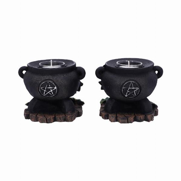 Photo #3 of product D5458T1 - Set of Two Ivy Cauldron Witches Candle Holders 11cm