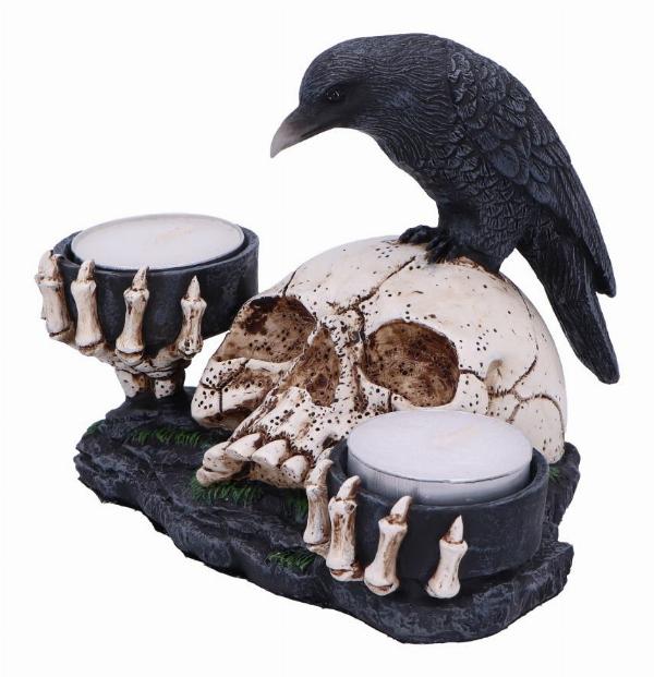 Photo #3 of product D6762A24 - Nevermore Raven and Skull Candle Holder 15cm