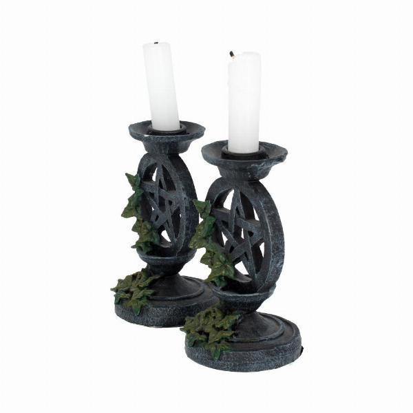 Photo #2 of product NEM5177 - Pair of Aged Ivy Pentagram Candlesticks Gothic Candle Holders