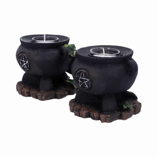 Photo #4 of product D5458T1 - Set of Two Ivy Cauldron Witches Candle Holders 11cm