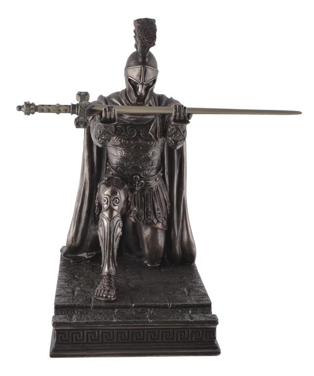 Roman Centurion Kneeling Bronze Figurine with Letter Opener Sword